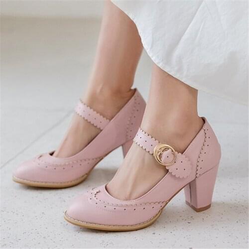 Women Pumps Lolita Shoes High Heels Pink Mary Jane Shoes Bow Block Heel Ladies Party Shoes Large Size 32-43