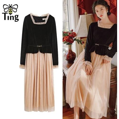 Tingfly Sweet Egirl Lady Vintage Square Neck Velvet Patchwork Mesh Casual Dress Elegant Midi Long Spring Autumn Young Mori Dress