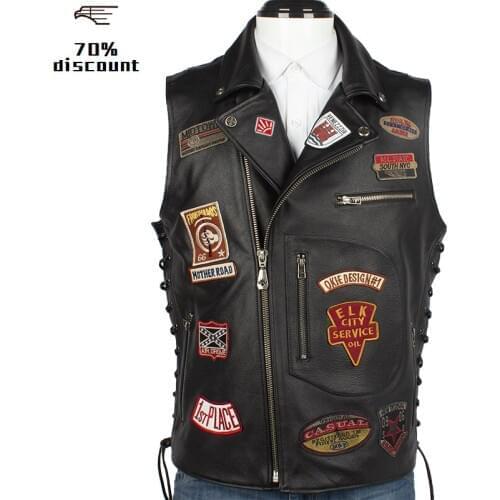 2020 Black Men American Style Slim Fit Bikers Leather Vest Plus Size XXXXL Genuine Cowhide Autumn Short Motorcycle Leather Vest