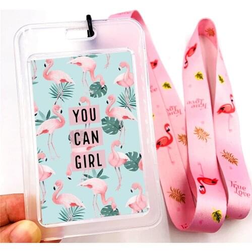 Flamingo ID Badge Holder Gift with Neck Lanyard Strap Clear ID Window for Office ID School ID Driver Licence Keys Credit Cards