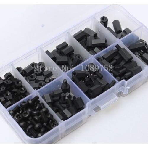 260pcs M3 Nylon Black M-F Hex Spacers Screw Nut Assortment Kit Stand-off Set