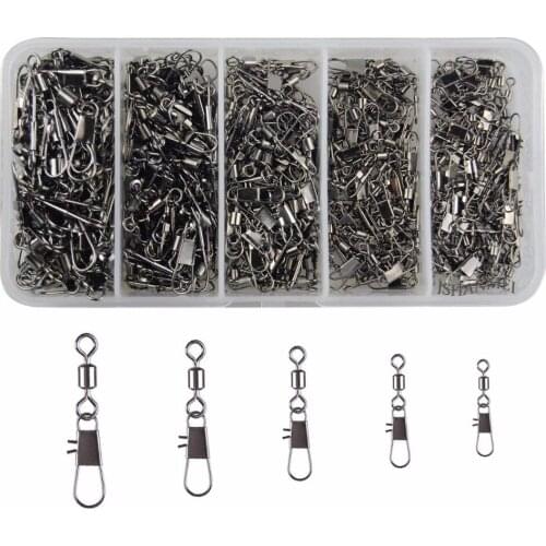 300pcs/Box Fishing Swivel Snap Kit Rolling Barrel Swivel with Safety Snap Connector Fishing Tackle Accessories