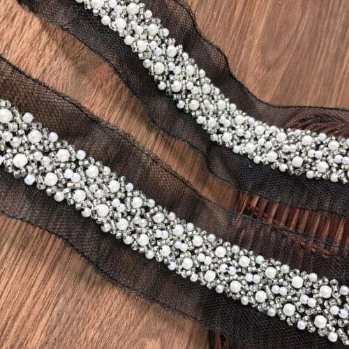 5.7 Yards Black Mesh Pearl Beaded Ribbon Lace Trim For Wedding Applique, Bridal Sash, Gorgeous Beads And Pearls