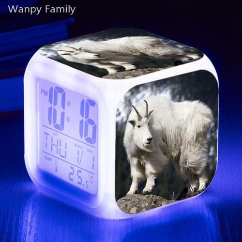 White Big Goat LED Alarm Clock 7 Color Glowing Touch Sensing Alarm Clock For Kids Room Desktop Multifunction Flash Watches Clock