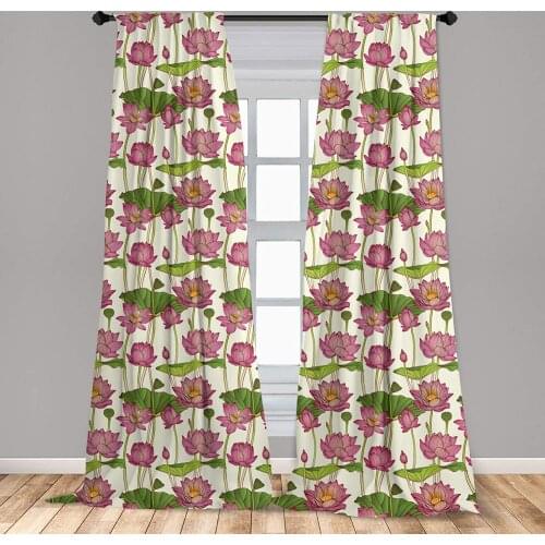 Ivory Green Lotus Flower Curtain Graphic Ornament Pattern with Pink Lotus Blossoms Window Treatment Living Room Bedroom Decor