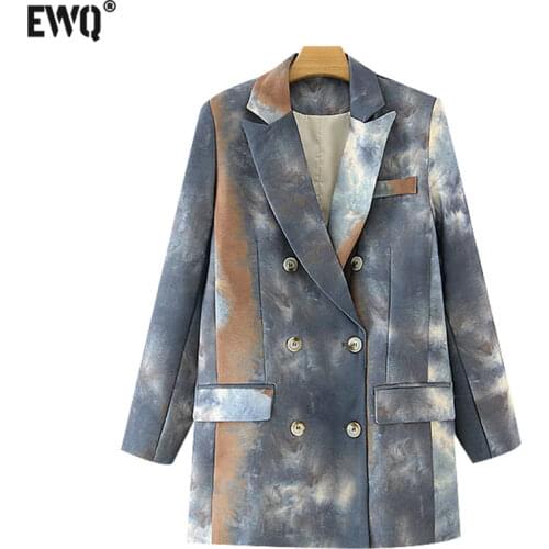 [EWQ] Women 2020 Fashion Loose Suits Vintage Long Sleeve Pockets Female Outerwear Chic Tops Tie-dye Print Blazer Coat 16W689