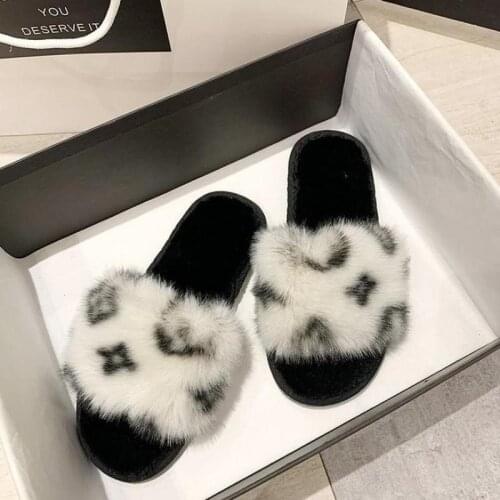 Cotton slippers 2021 autumn and winter new Korean version of the net red printing word flat bottom casual hairy slippers women