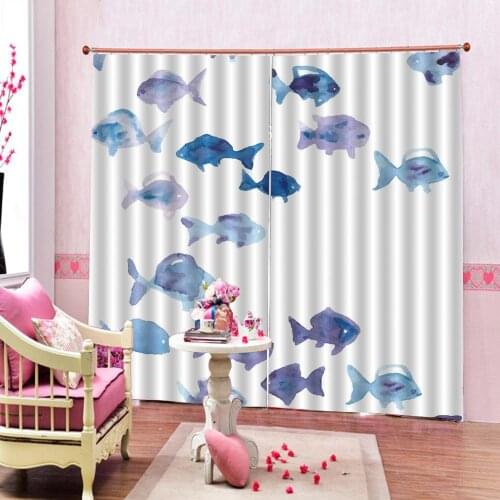 Customized 3D Curtains Fishes Swimmimg to Same Direction in Sea Underwater Wild Nature Cartoon Art Blue White Window Drapes