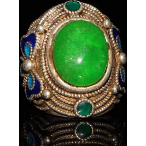 Collection Chinese old Tibetan silver cloisonne inlaid greenstone jade ring