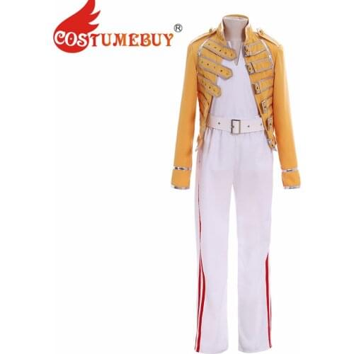 CostumeBuy Queen Lead Vocals Freddie Mercury Wembley On Stage Cosplay Yellow Jacket White Pant Costume Suit Full Set Custom Made