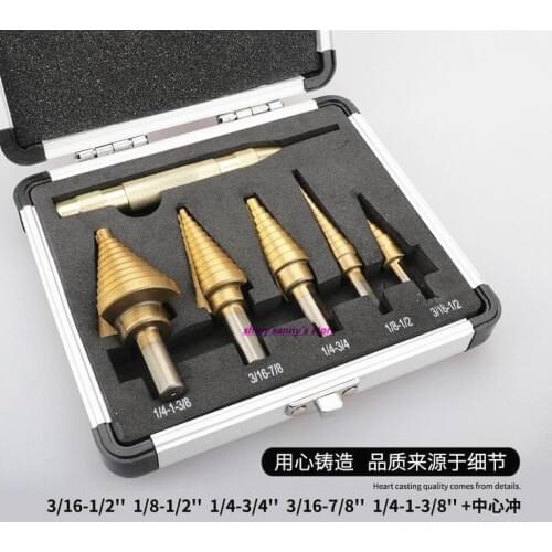 5pcs Imperial Triangle Handle Ladder Bit Electric Tools Accessories Titanium Step Drills + Yellow Center Punch Aluminum Boxed