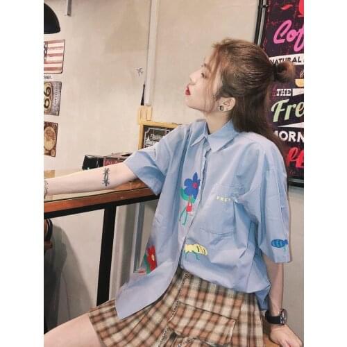 JASUMMER 2019 Summer New Japanese shirts Bf Wind Cartoon Printed Suit Collar Short Sleeve Shirt Top Girl