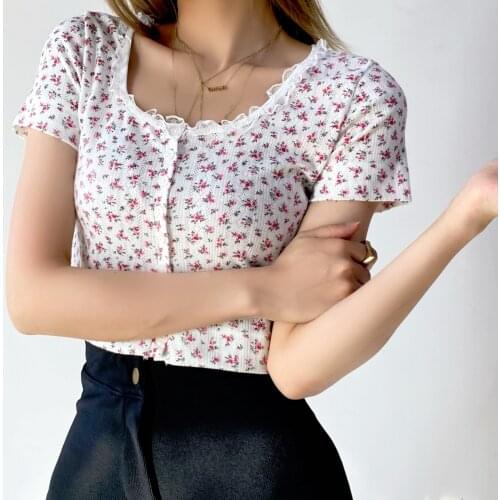 Small floral lace collar T-shirt women French small fresh short-sleeved shirt bm wind cardigan