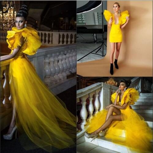 Fashion Short Prom Dresses with Detachable Train Yellow Deep V Neck Mini Cocktail Dresses 2 Pieces Overskirts Girls Party Gowns