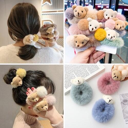 Trendy Cute Bear Furry Elastic Hair Bands Korean Lovely Colorful Headbands Rope Tie Holder For Women Girls Fur Hair Accessories