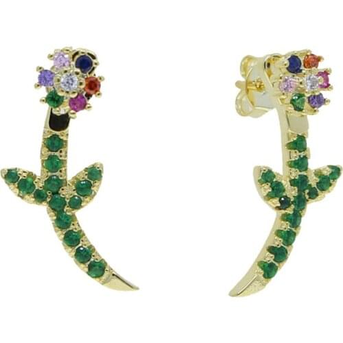 New Trendy Personality cute rainbow flower stud earrings for women green rhinestone double side earring fashion colorful jewelry