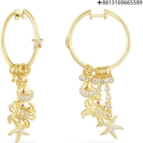 Original 1:1 Gold Sterling Silver Crystal Diamond Sea World Earrings