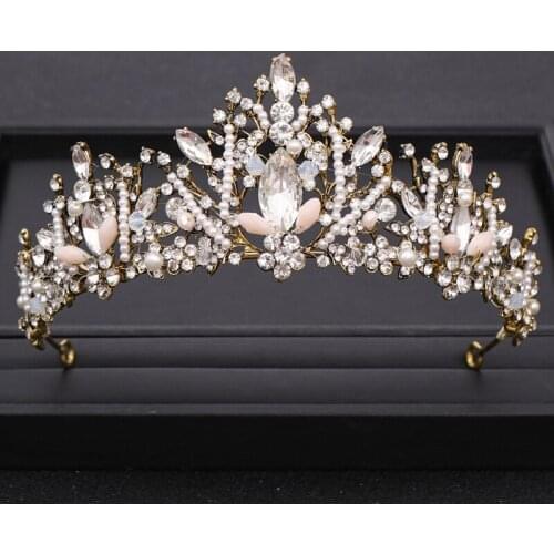 Luxurious Baroque Crystal Tiara Wedding Crown For Bride Gold Handmade Pearl Beading Headpiece Wedding Hair Jewelry Accessories