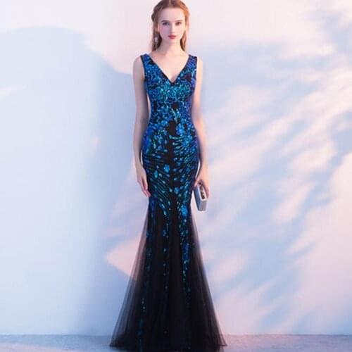 Sexy Mermaid Chinese Evening Dress Long Sequin Oriental Stlye Dresses Blue Cheongsam Qipao Party Gowns Plus Size Women Clothing