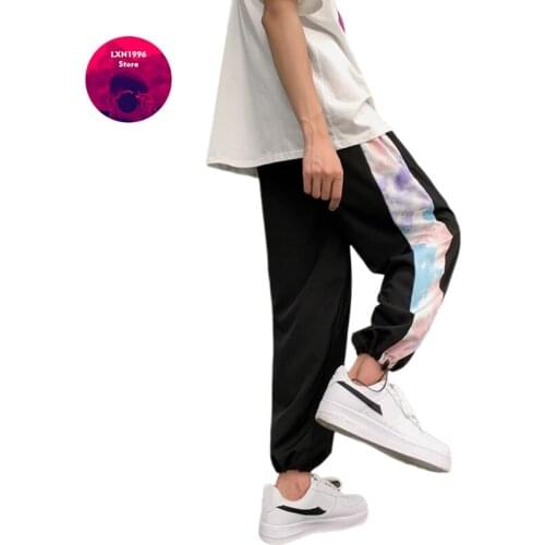 Mens Harajuku Korean fashion Streetwear Baggy Plaid Black Pants Summer Light Joggers Casual Drawstring Sports Trousers for Men
