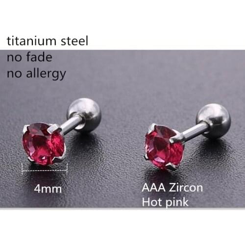 Titanium 316L Stainless Steel Screw Stud Earrings With 4mm Hot Pink AAA Zircon No Fade Allergy Free