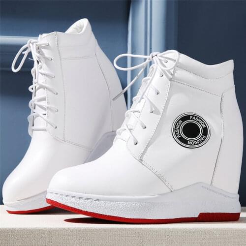 Plus Size Oxfords Women Lace Up Cow Leather Wedges High Heel Ankle Boots Female High Top Round Toe Fashion Sneakers Casual Shoes