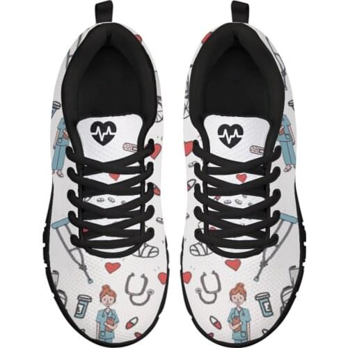 Doginthehole Cartoon Sketch Nurse Print Flats Shoes Air Mesh Women Casual Lace-up Nursing Sneaker Breath Footwear for Teen Girl