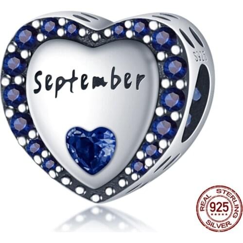100% Real 925 Sterling Silver Navy Blue September Heart Shape Beads Fit Original 3mm Bracelet&Bangle Women Fashion Jewelry Gift