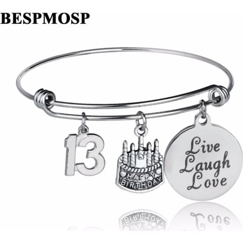 Bespmosp Family Gifts Live Laugh Love Bangle Birthday Cake Lucky Number 13 Bracelet Women Men Wristband Stainless Steel Jewelry