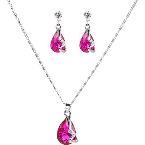 QiLeSen Fine jewelry 925 sterling silver suitable for ladies set, Water drop gemstone red Necklace Earring Set YW175