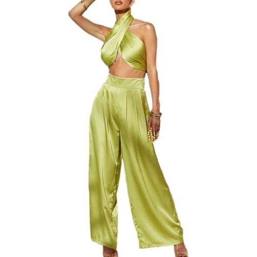 Women Summer Sexy Two Piece Set Sleeveless Bandage Crop Top and Wide Leg Pants Set Woman Suit Club Party Outfits