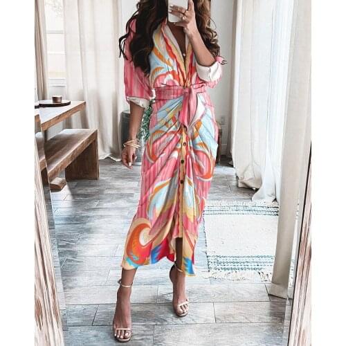 Womens Long Sleeve V-neck Print Long Dress Retro Sexy Elegant V-neck Long Maxi Dress Vestidos Women Clothing Vestidos Mujer