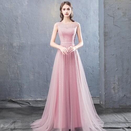 2021 New A-Line Beading Princess Evening Dresses Long Elegant O-Neck Tulle Evening Gown Sleeveless Illusion Formal Prom Dress