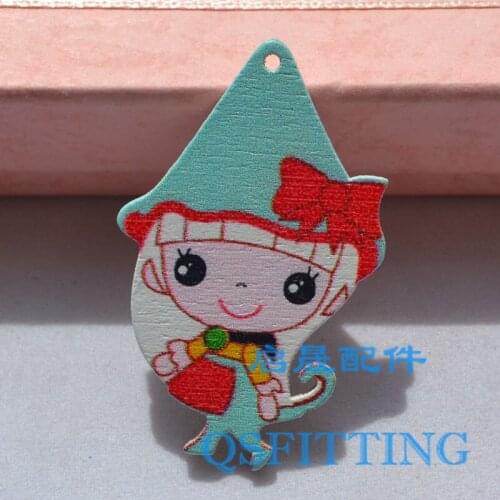 10pcs jewelry accessory for Girls' pendant and necklace Blue Color painted wooden decoration Cartoon Little Witch Wooden Charms