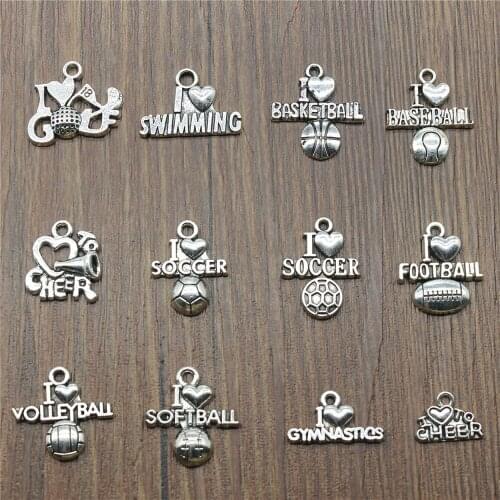 20pcs Charms I Love Sports Antique Silver Color Sport Charm Golf Basketball Baseball Football Volleyball Softball Gym Cheer