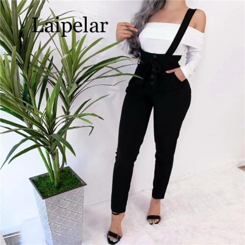 2020 Slim Hips High Waist Halter Overalls Fashion Solid Color Patchwork Button Pocket Decor Sashes Bandage Women Pants