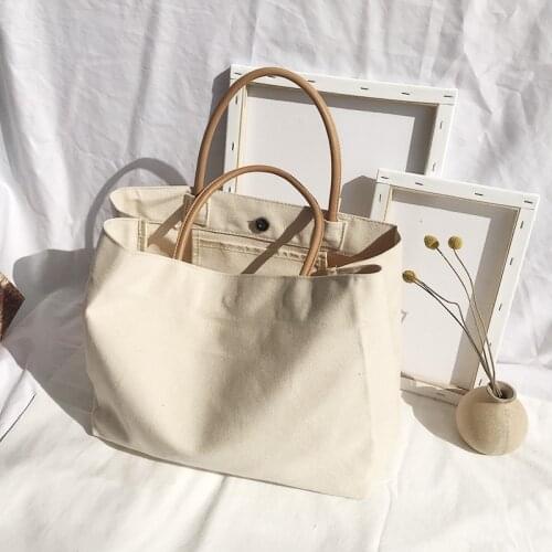 2021 New Women Canvas Tote Bags Female Large Capacity Simple Handbags Casual Cotton Cloth Shopper Girls Beige School Bag