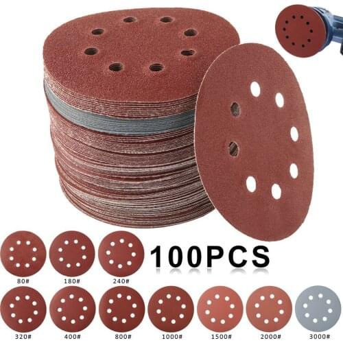 50/100pcs 125mm Sandpaper Round Shape Sanding Discs Hook Loop Sanding Paper Buffing Sheet Sandpaper 8 Hole Sander Polishing Pad