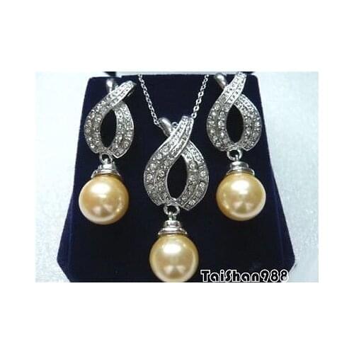 Free deliver Nobility Lucky 12mm Yellow Shell Pearl WGP Crystal Pendant Necklace Earrings 18inch real Women Fine for lady