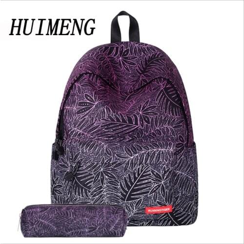 HUIMENG Women Backpack Canvas Tree Leaf Flowers Printing School Bags With Pen Case Set For Teenager Girls Cute Schoolbag