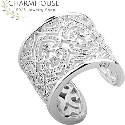 Pure 925 Silver Rings For Women Wide Zirconia Heart Open Ring Wedding Band Fashion Jewelry Accessories Bague Anillo Bijoux