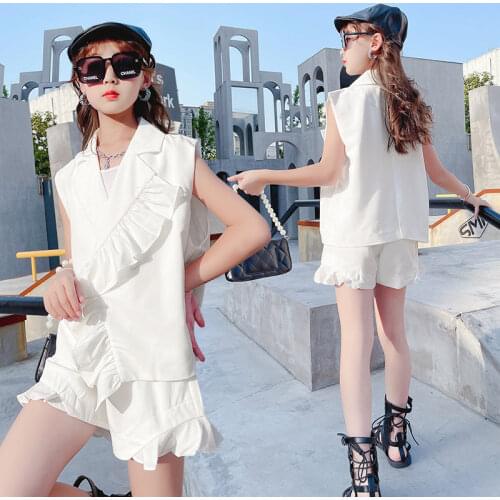 Teenage Girls Clothing Set Ruched Blazer Jacket+Tank Top+Shorts Ruffle Summer Cool Female Formal Social 3PCS Kids White Suit Set