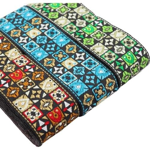 7 Meters 5cm Vintage Ethnic Embroidery Lace Ribbons Blue Plaid Pattern Woven Lace Trim DIY Curtain Clothing Sewing Ribbon Fabri