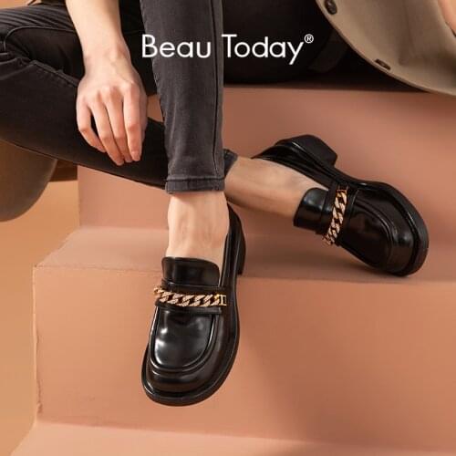 BeauToday Women Loafers Cow Leather Square Toe Metal Crystal Chain Decoration Mid Heel Slip On Shoes for Women Handmade 27626