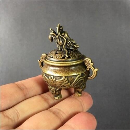 Copper Statue Collectable Chinese Brass Carved Animal Dragon Pattern Three Foot Incense Burner Censer Exquisite Small Statues
