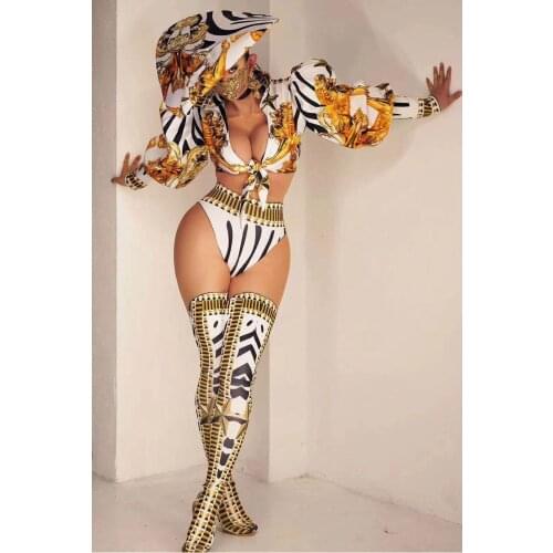 Fashion Court Print Sexy Stage Outfit Sets Hats+ Top + Shorts + Stocking Women Nightclub Jazz Dancer DJ Performance Costumes