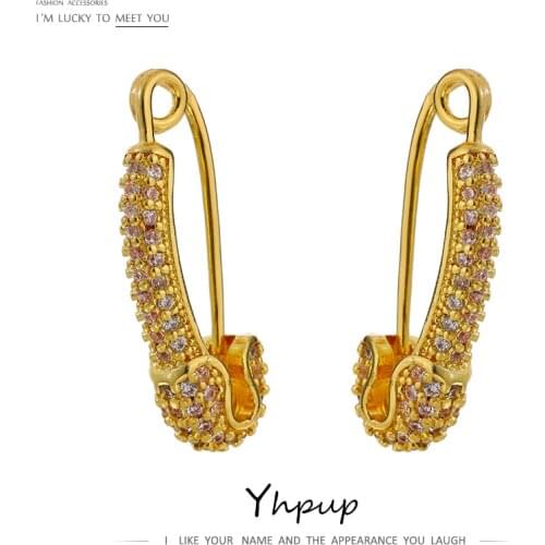 Yhpup Fashion Pin Metal Hoop Earrings Delicate Bling Cubic Zirconia Geometric Copper Earrings 14 K Jewelry Anniversary Gift