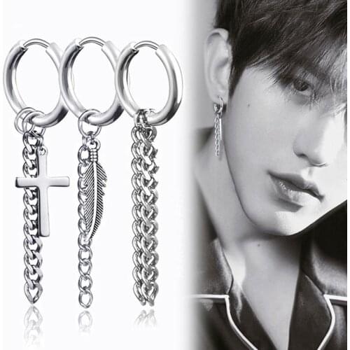 Fashion Men Punk Earrings Feather Tassel Long Chain Pendant Stainless Steel Stud Earring Unisex Trend Rock Ear Clip Jewelry