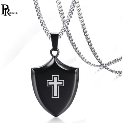 Mens Stainless Steel Dog Tag Triangle Shield Cross Pendant Necklace Polished Black