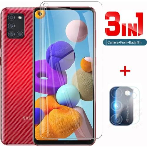 For Samsung Galaxy A21S Soft Back Carbon Fiber Film + Tempered Glass Front Screen Protector For Svmsung A21s With Lens Film